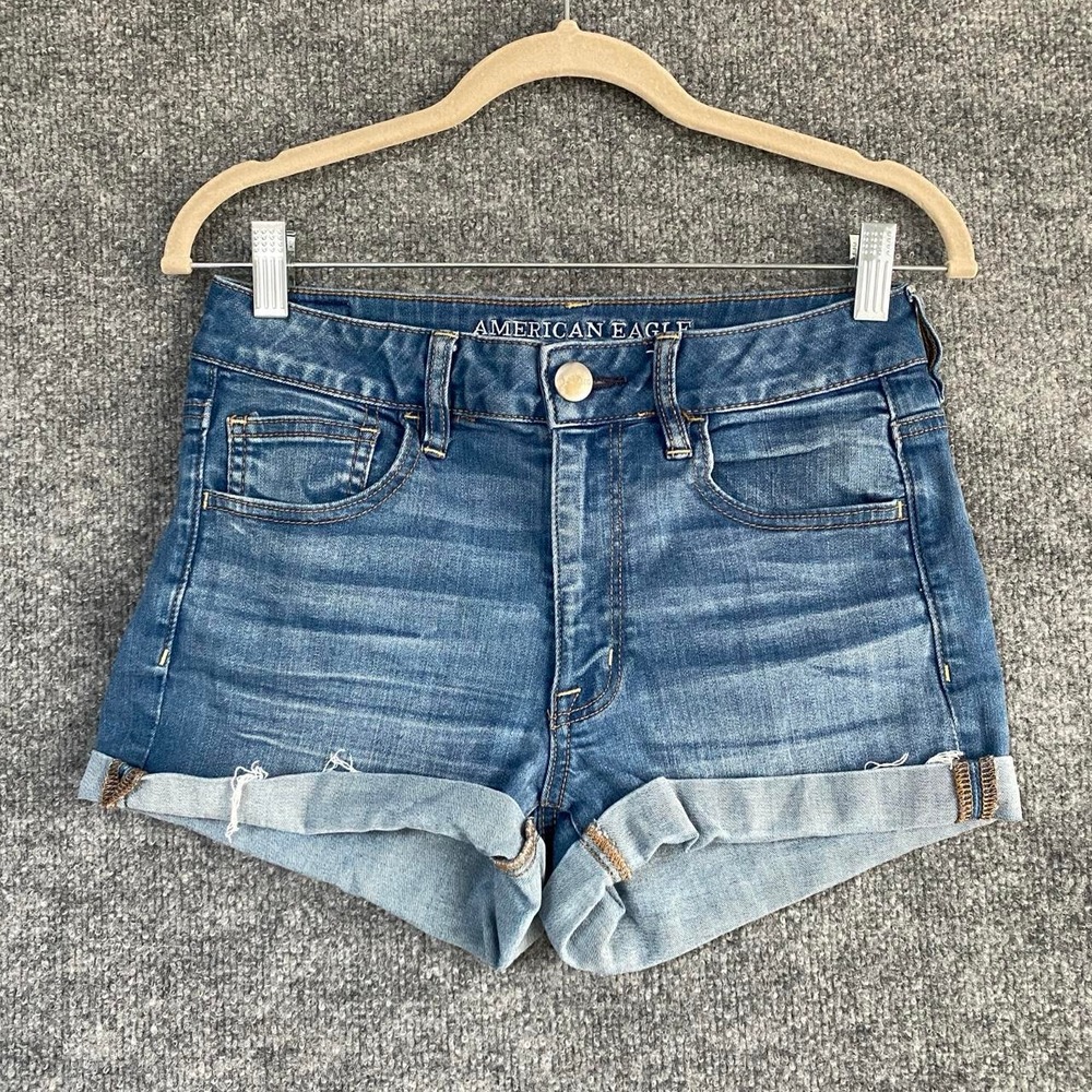 AMERICAN EAGLE BLUE DENIM HI RISE SHORTIE CUFFED SHORTS BOHO CHIC GRUNGE ALT